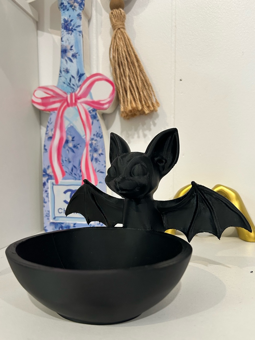 3D Printed Black Bat Trinket Bowl - Gothic Decorative Dish